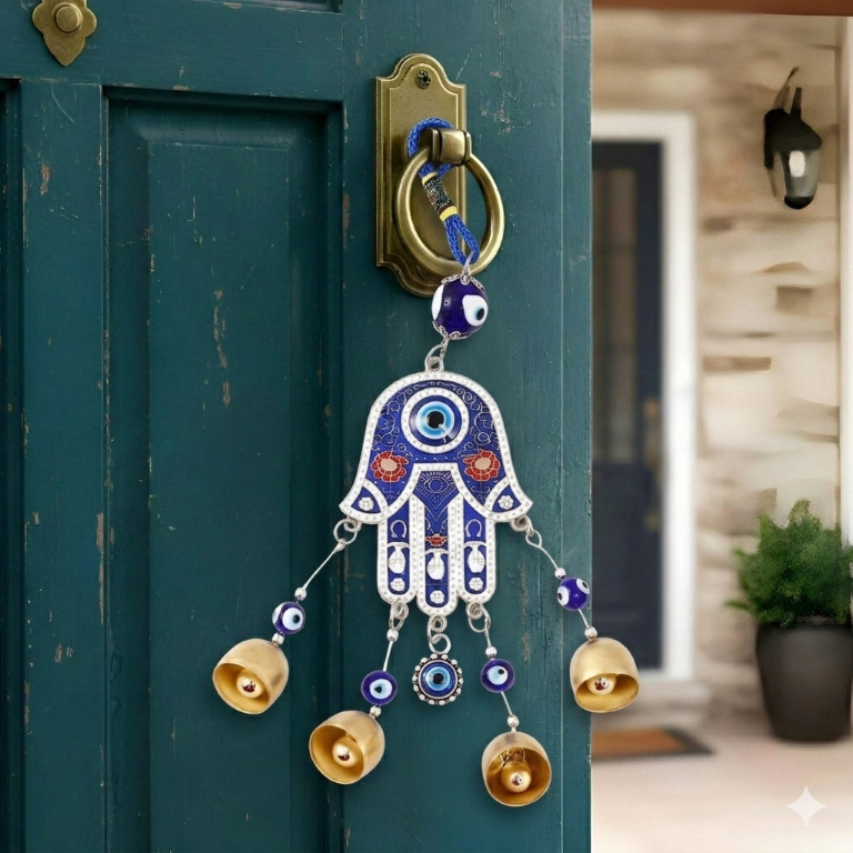Hamsa Hand Evil Eye Wind Chimes for Good Luck Prosperity, Zodiac Success, Health Wealth Evil Eye Charm for Balcony, Home Entrance, Living Room Handcrafted Home Decor for Gift (Blue)