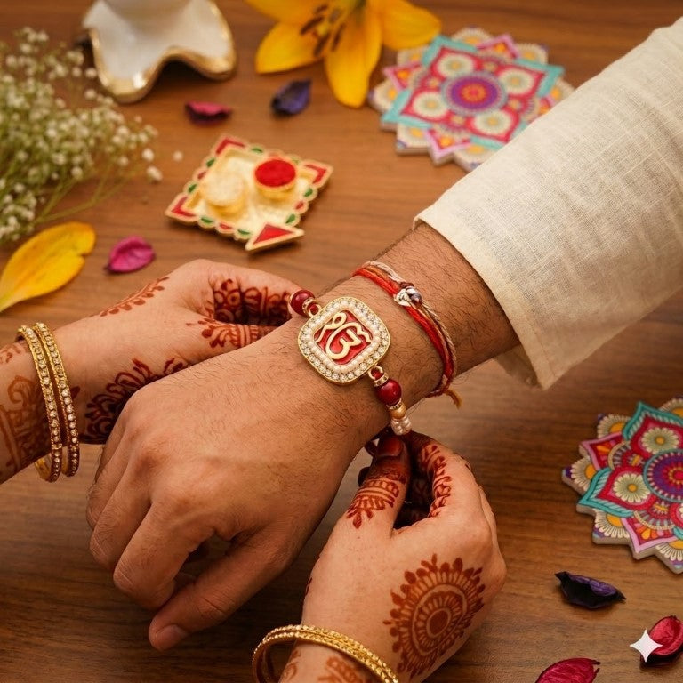 Rakhi Gift Set Brother with Ik Onkar Designer Rakhi, Roli Chawa, Sipra, Key Chain and chocolate box