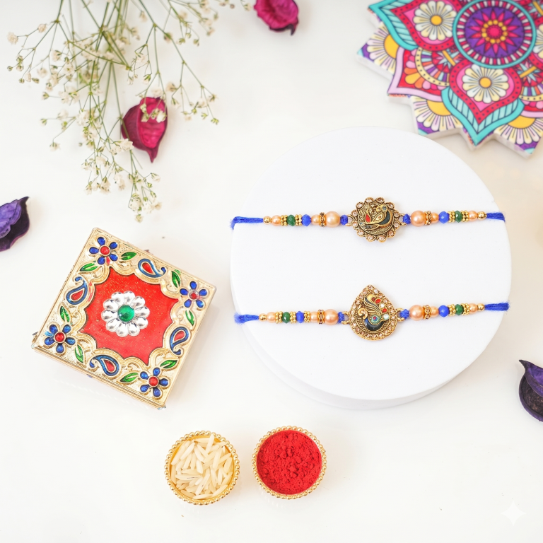 Set of 2 Swan & Peacock Rakhi Set for Brother, Bhai, Multicolor