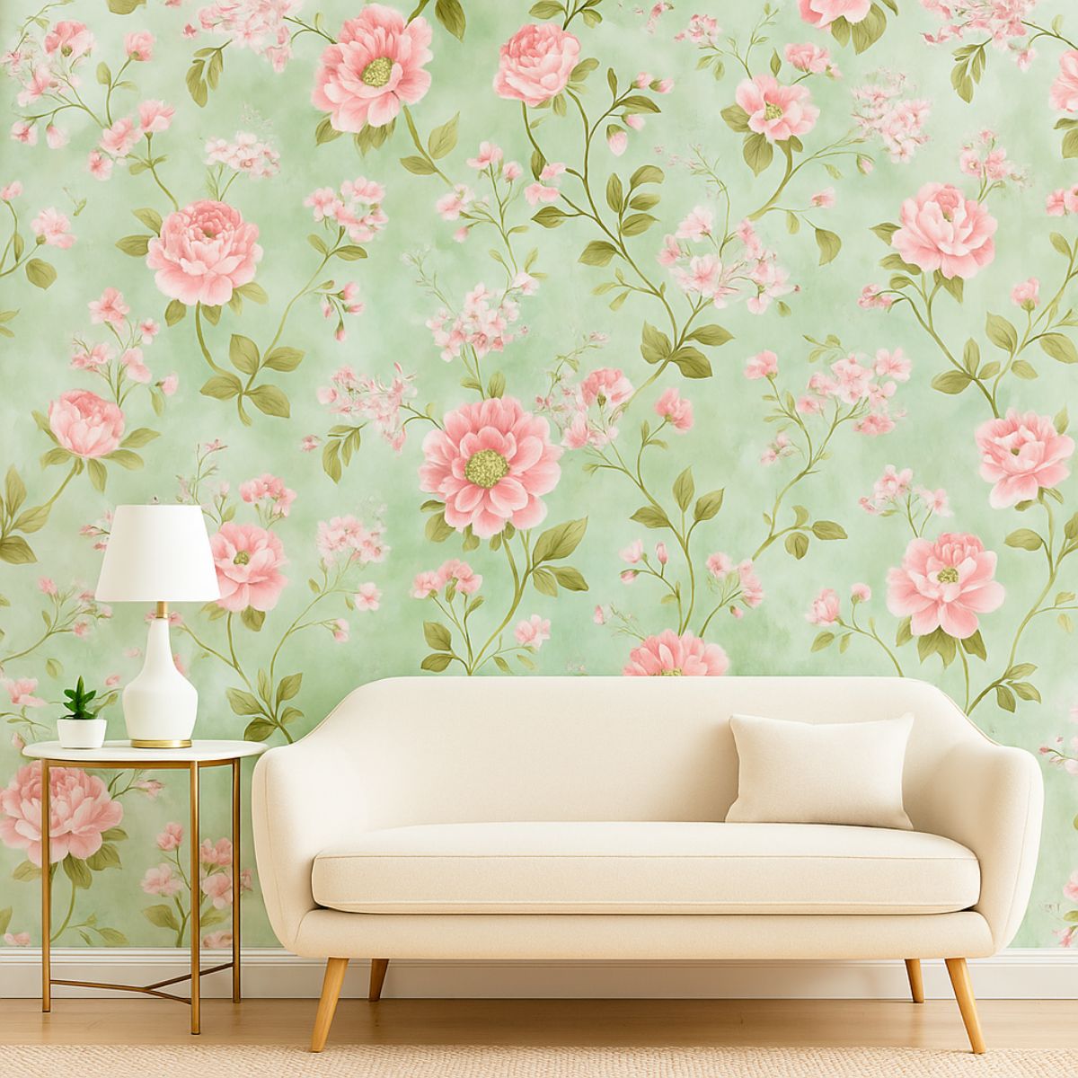Removable Pink Flower with Leaves Pattern Wallpaper