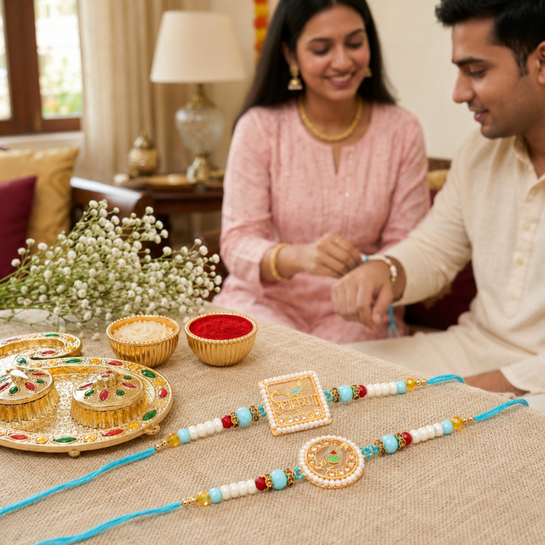 Set of 2 Radha Krishna Rakhi Set for Brother & Bhavi, Multicolor