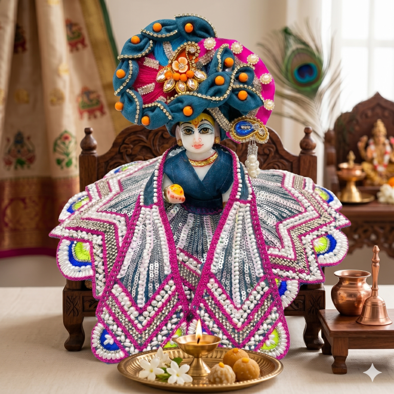 Tiny Shiny Laddu Gopal Poshak Thakur Ji Dress Heavy Designer Dress for Kanha Ji Fancy Dress for Bal Krishna Janmaasthmi Special for Ladoo Gopal Ji (Size-0 to 5)