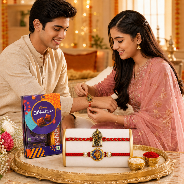Rakhi Gift Set with 2 Divine Ram Lalla Rakhi Set, Roli Chawa, Sipra, Key Chain and chocolate box