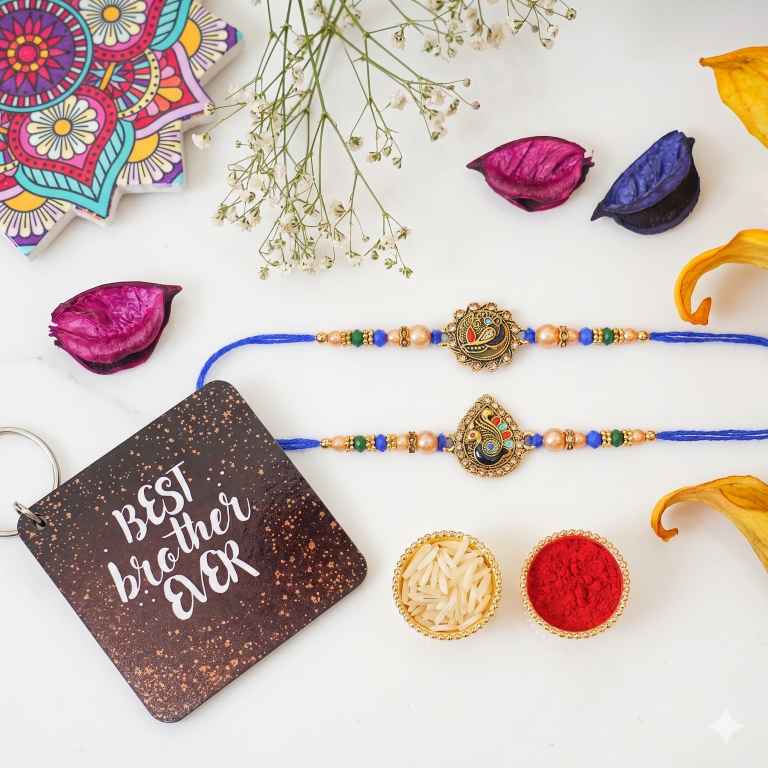 Set of 2 Swan & Peacock Rakhi Set for Brother, Bhai, Multicolor