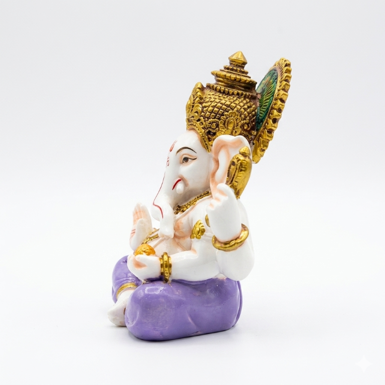 Serene White Marble Finish Lord Ganesha Idol - Elegant Purple & Gold Accents (13.5 cm) | Premium Gifting & Home Decor