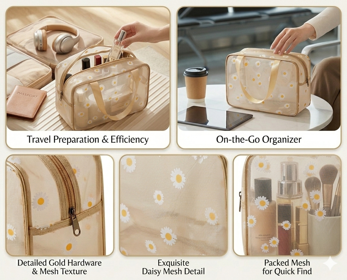 Tiny Shiny Transparent Cosmetic Makeup Bag —  Waterproof Travel Toiletry Organizer with Zipper