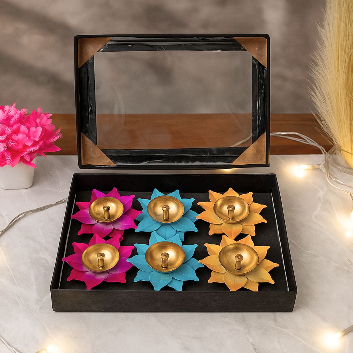 6Pc Brass Diya Lotus Oil Lamp Set