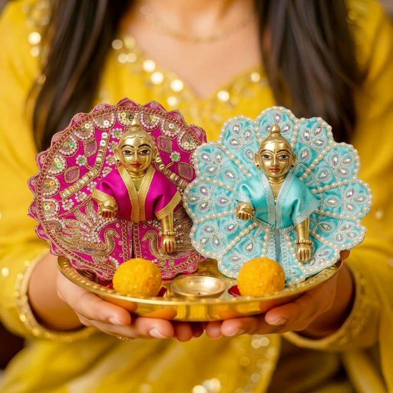 Tiny Shiny Laddu Gopal Poshak Thakur Ji Dress Heavy Designer Dress for Kanha Ji Fancy Dress for Bal Krishna Janmaasthmi Special for Ladoo Gopal Ji (Size-0 to 2)
