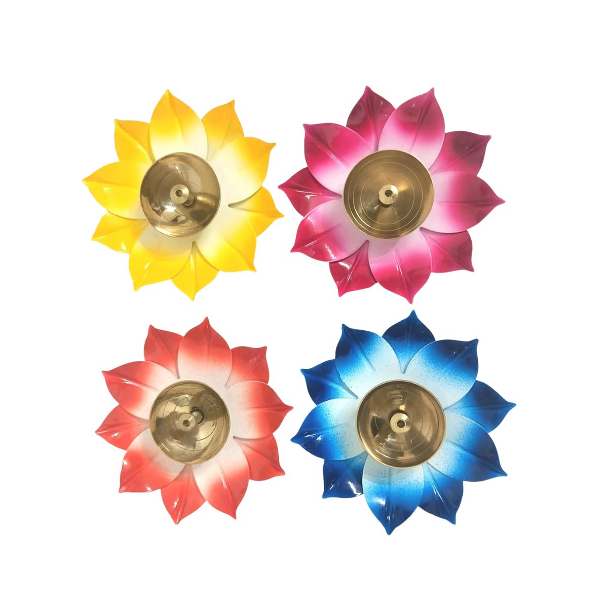 4 Pc Brass Diya Lotus Oil Lamp Set