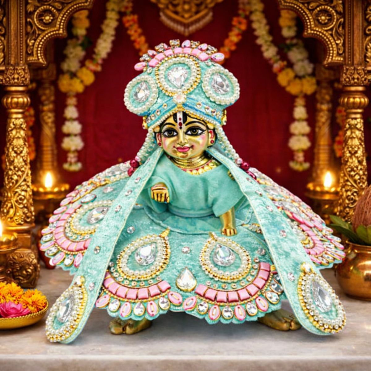 Tiny Shiny Laddu Gopal Poshak Thakur Ji Dress Heavy Designer Dress for Kanha Ji Fancy Dress for Bal Krishna Janmaasthmi Special for Ladoo Gopal Ji (Size-2)