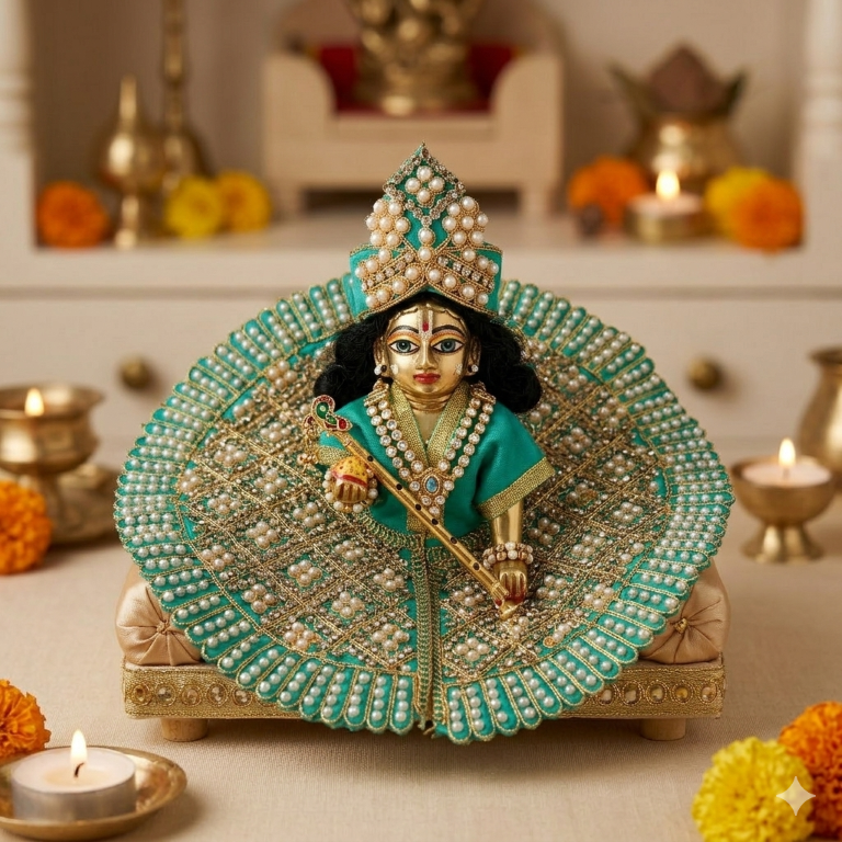 Tiny Shiny Laddu Gopal Poshak Thakur Ji Dress Heavy Designer Dress for Kanha Ji Fancy Dress for Bal Krishna Janmaasthmi Special for Ladoo Gopal Ji (Size-4 And 5)