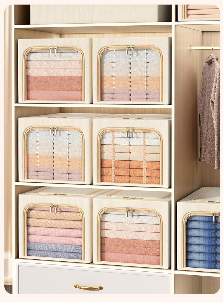 Tiny Shiny Clothes Storage Bins with Metal Frame  and Handle — 49 Litre Quilt Organizer Box |  Pack of 3 | Beige