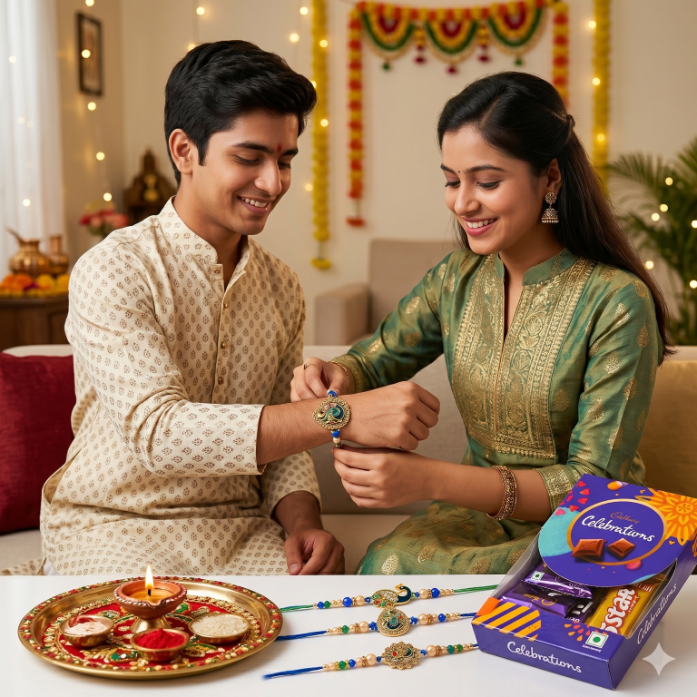 Rakhi Gift Set for Bhai with 3 Royal Peacock Rakhi Trio, Roli Chawa, Sipra, Key Chain and chocolate box