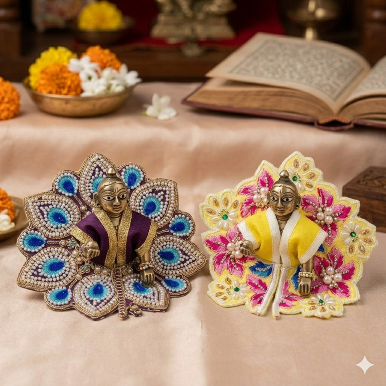 Tiny Shiny Laddu Gopal Poshak Thakur Ji Dress Heavy Designer Dress for Kanha Ji Fancy Dress for Bal Krishna Janmaasthmi Special for Ladoo Gopal Ji (Size-0 to 2)