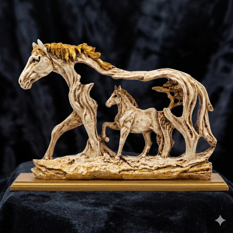 Galloping Horse & Foal Antique Figurine | Majestic Steed Home Decor