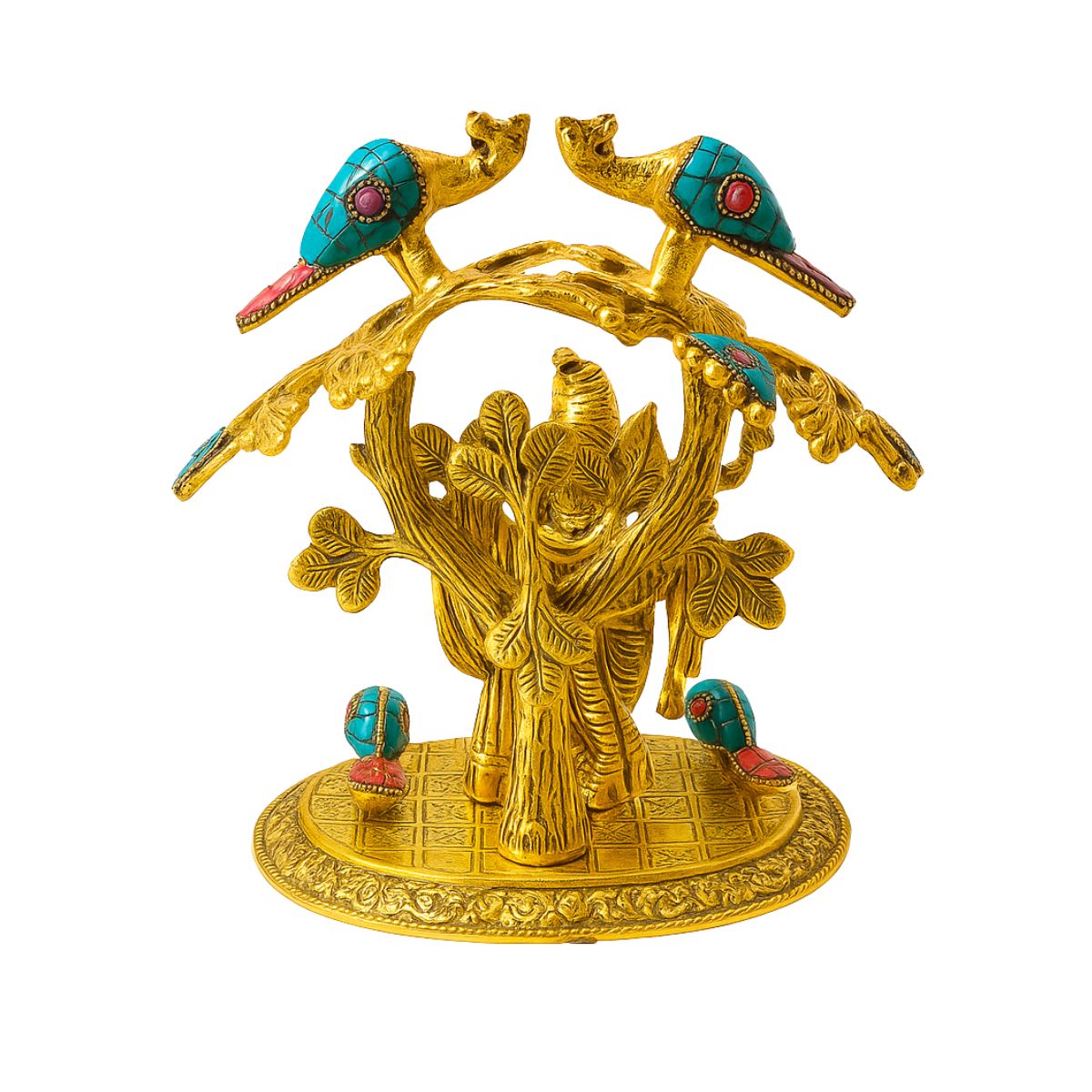 Metal Statue of Radha Krishna Under Tree with Peacock