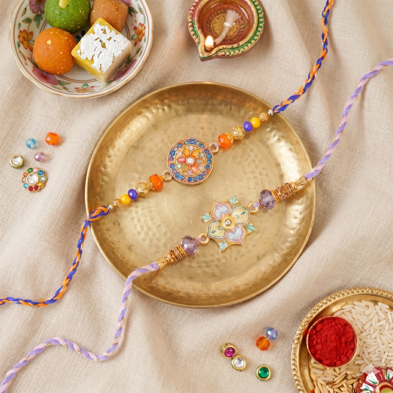 Set of 2 Royal Mandala & Lotus Designer Rakhi for Brother & Bhavi, Multicolor