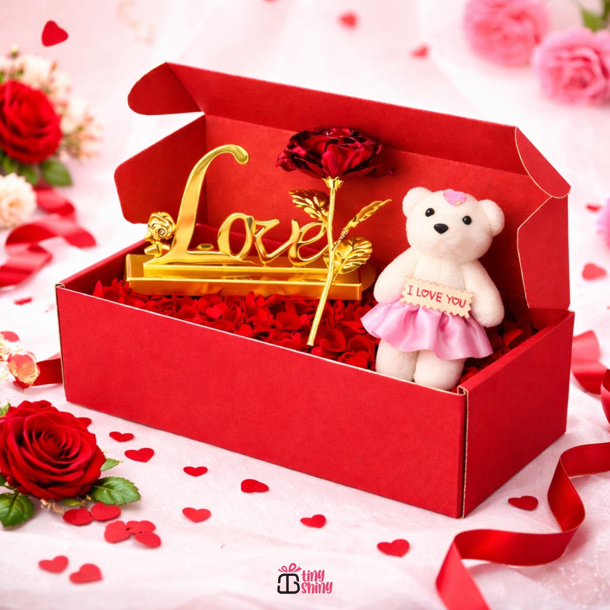 Gold Foil Rose with Teddy and Love Stand Gift Set