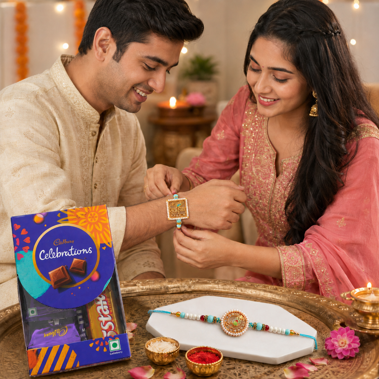 Set of 2 Radha Krishna Rakhi Set for Brother & Bhavi, Multicolor