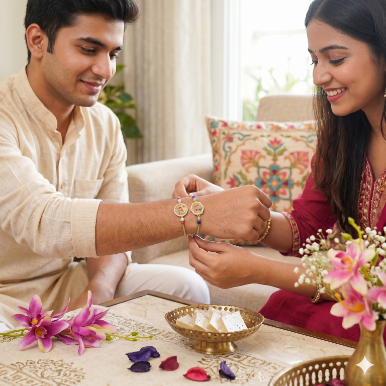 Rakhi Gift Set with 2 Pastel Bird Designer Rakhi Set, Roli Chawa, Sipra, Key Chain and chocolate box