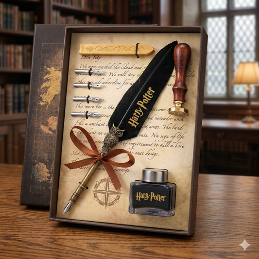 Harri Potter Style Feather Quill Pen Calligraphy Writing Set with Ink Bottle & Metal Nibs | Vintage Magic Wizard Writing Gift Set for Journaling & Creative Writing (Multicolor)