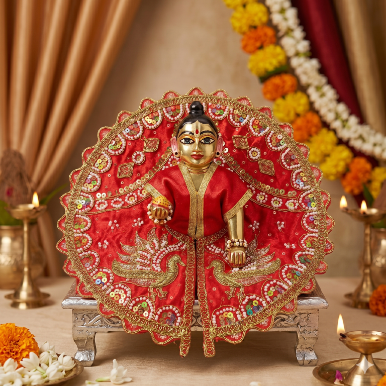 Tiny Shiny Laddu Gopal Poshak Thakur Ji Dress Heavy Designer Dress for Kanha Ji Fancy Dress for Bal Krishna Janmaasthmi Special for Ladoo Gopal Ji (Size-4 And 5)