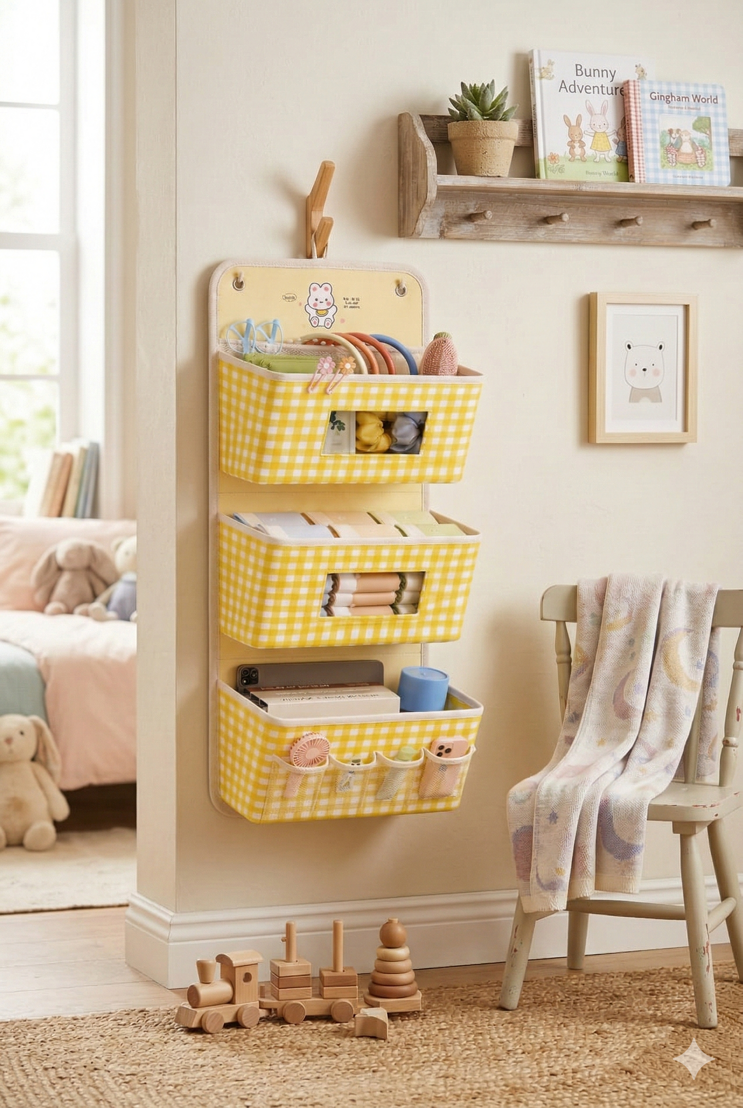 Tiny Shiny Over Door Hanging Organizer — 3 Pocket  Fabric Storage Bag with Mesh Windows | Red Yellow