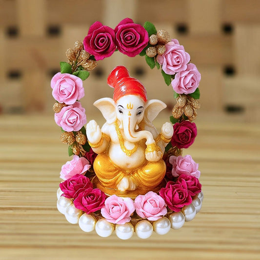 Tiny Shiny Lord Ganesha Idol with Floral Arch and  Pearl Bead Plate
