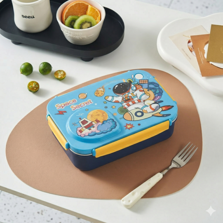 Steel Lunch Lunch Box, 750 ml with 150ml Bowl, BPA Free and Leak Proof, 3 Compartment airtight, with a Spoon & Chopsticks,Astronaut & Rocket Design, Pink, Premium Lunch Box