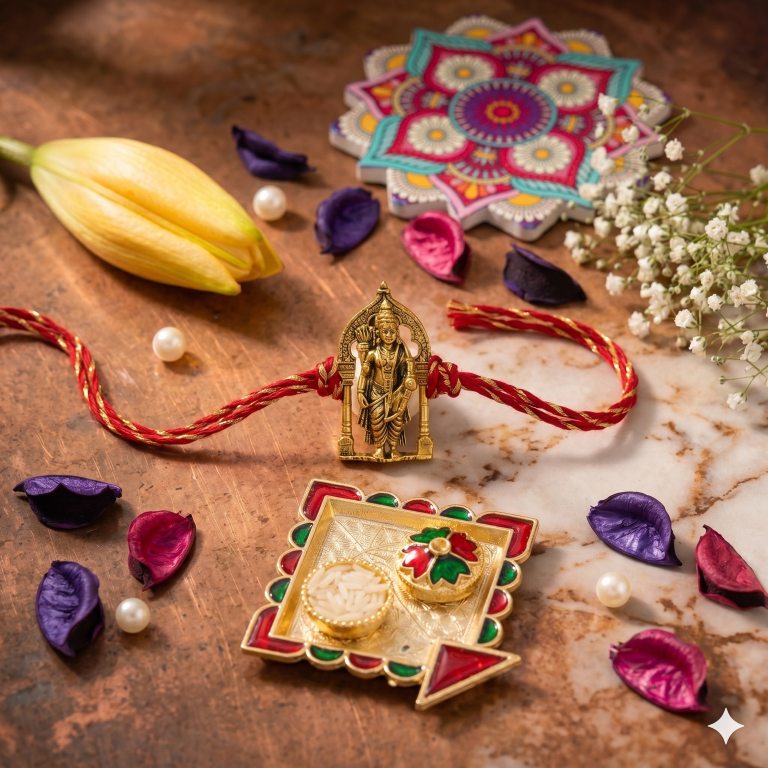 Rakhi Gift Set Brother with Tirupati Ram Lalla Rakhi, Roli Chawa, Sipra, Key Chain and chocolate box