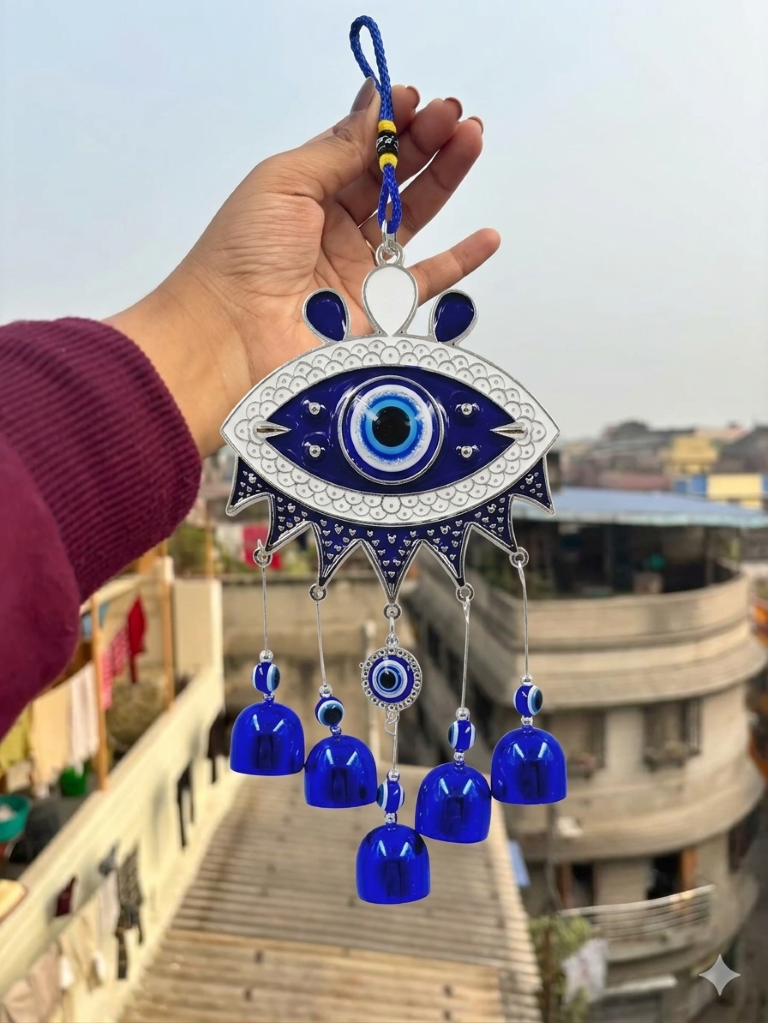 Evil Eye Hanging Nazar Battu for Home House Entrance Protection Door Decoration, Car Mirror Hanging, Housewarming Gift (Wind Chime Evil Eye)