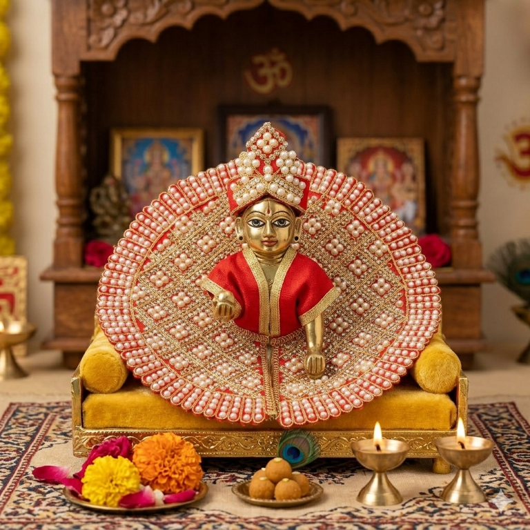 Tiny Shiny Laddu Gopal Poshak Thakur Ji Dress Heavy Designer Dress for Kanha Ji Fancy Dress for Bal Krishna Janmaasthmi Special for Ladoo Gopal Ji (Size-4 And 5)