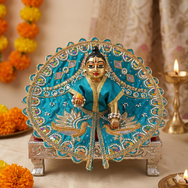 Tiny Shiny Laddu Gopal Poshak Thakur Ji Dress Heavy Designer Dress for Kanha Ji Fancy Dress for Bal Krishna Janmaasthmi Special for Ladoo Gopal Ji (Size-4 And 5)
