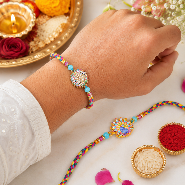 Set of 2 Multicolor Peacock Rakhi Set for Brother, Bhai, Multicolor