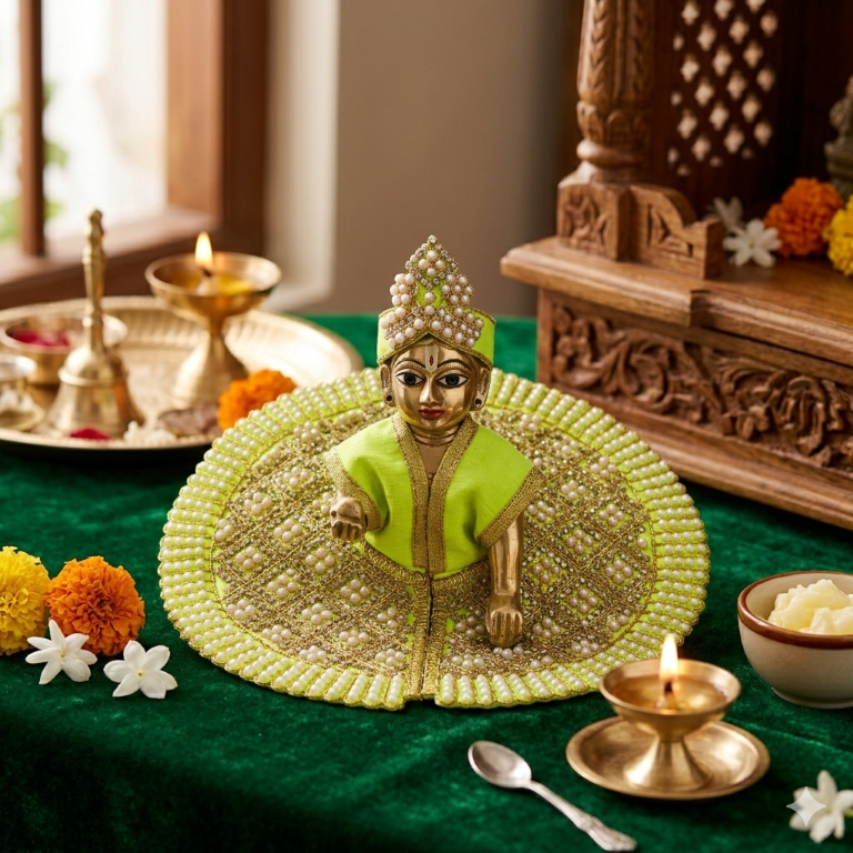 Tiny Shiny Laddu Gopal Poshak Thakur Ji Dress Heavy Designer Dress for Kanha Ji Fancy Dress for Bal Krishna Janmaasthmi Special for Ladoo Gopal Ji (Size-4 And 5)