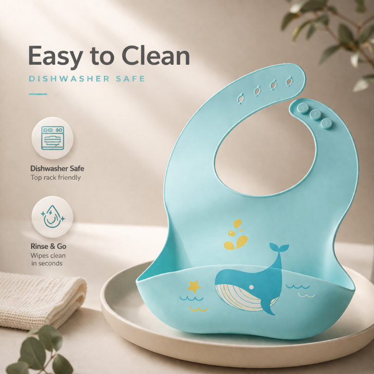 Tiny Shiny Silicone Bib for Baby Food Feeding BPA Free, Adjustable Straps Waterproof Built-in Food Pocket Mess Free Ideal for Babies 6 to 36 Months