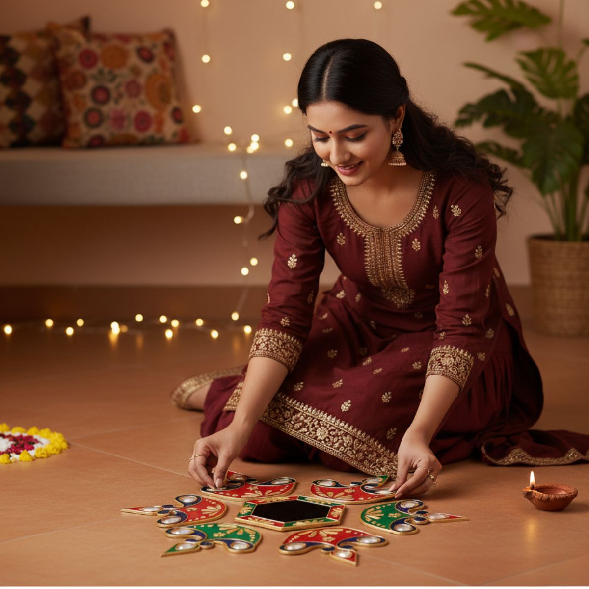 Diya Meena Stone Rangoli — Decorative  Reusable Festive Floor Art for Diwali and Pooja