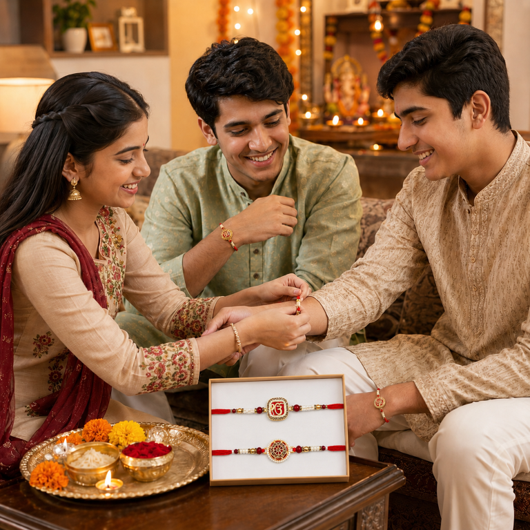 Rakhi Gift Set with 2 Ik Onkar & Mandala Rakhi Set, Roli Chawa, Sipra, Key Chain and chocolate box