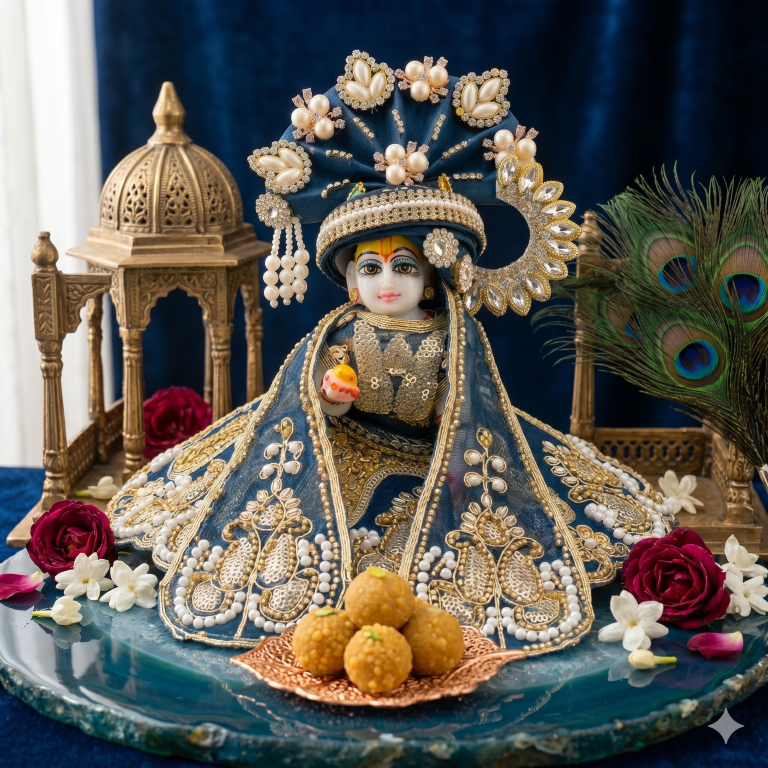 Tiny Shiny Laddu Gopal Poshak Thakur Ji Dress Heavy Designer Dress for Kanha Ji Fancy Dress for Bal Krishna Janmaasthmi Special for Ladoo Gopal Ji (Size-0 to 5)