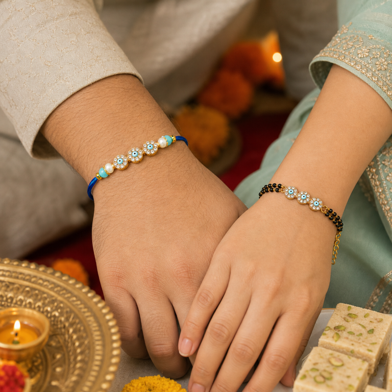 Bhai Bhabhi Rakhi Set | Evil Eye Rakhi & Black Bead Lumba Bracelet