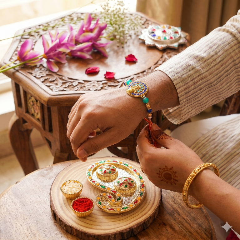 Rakhi Gift Set Brother with Life Tree Rakhi, Roli Chawa, Sipra, Key Chain and chocolate box