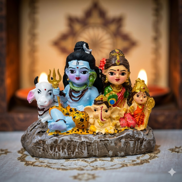 Divine Shiv Parivar Miniature Idol - Shiva, Parvati, Ganesha, Kartikeya & Nandi | Hand-Painted Spiritual Decor (7.5 cm)