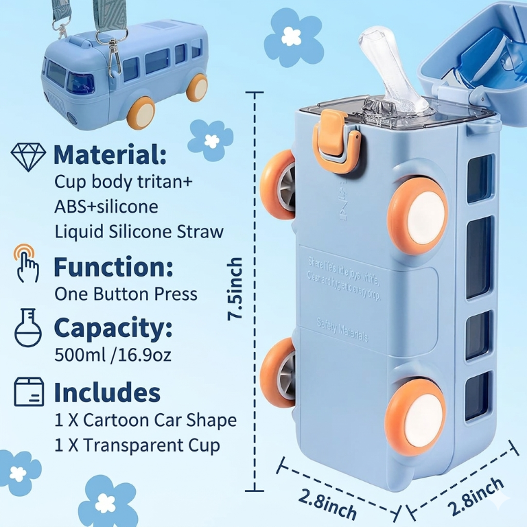 Bus Water Bottle For Kids With Strap, Sipper, & Straw | Leakproof, Bpa Free With Lock, 500 Ml | Tritan Water Bottle For School Kids| (BLUE-COLOR)