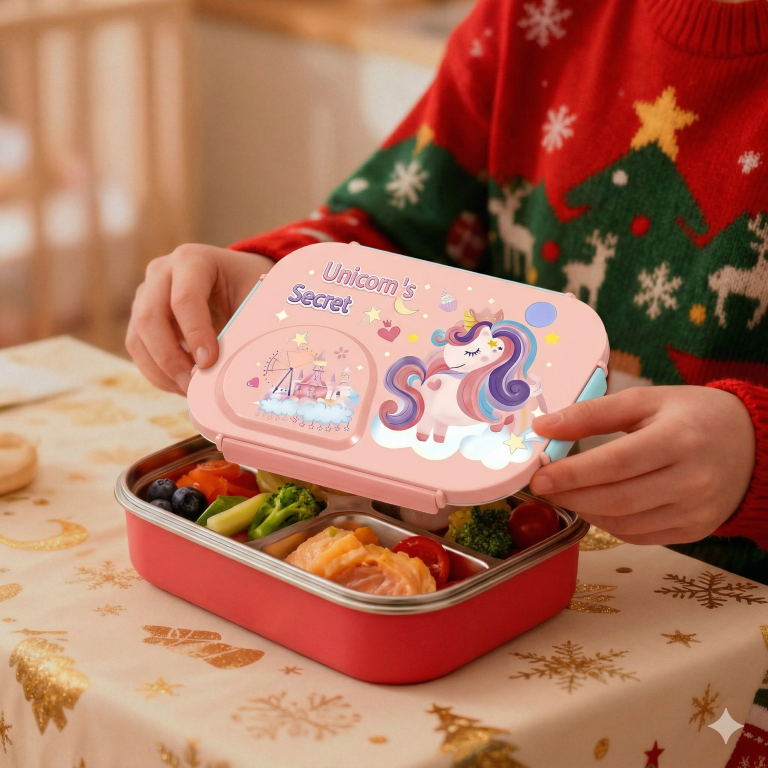 Steel Lunch Lunch Box, 750 ml with 150ml Bowl, BPA Free and Leak Proof, 3 Compartment airtight, with a Spoon & Chopsticks,Unicorn Cartoon Design, Pink, Premium Lunch Box