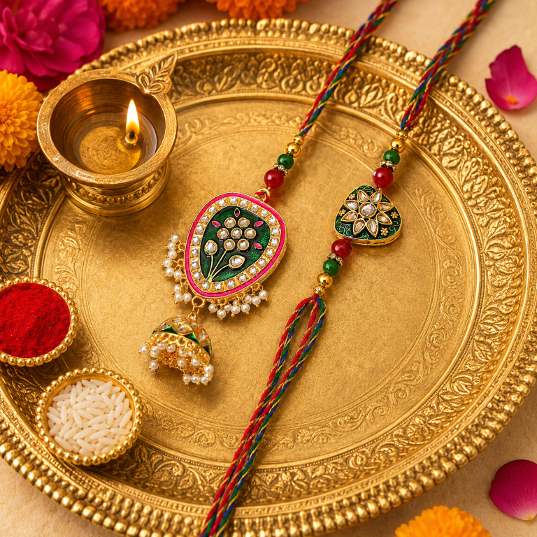 Bhai Bhabhi Rakhi Set | Green Floral Rakhi with Designer Jhumki Lumba