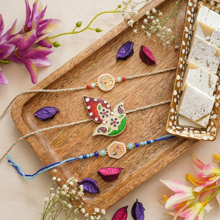 Rakhi Gift Set with 2 Pastel Bird Designer Rakhi Set, Roli Chawa, Sipra, Key Chain and chocolate box