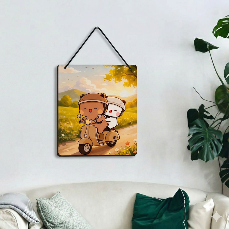 Cute Bear Couple Scooter Ride Wall Hanging | Aesthetic Room Decor