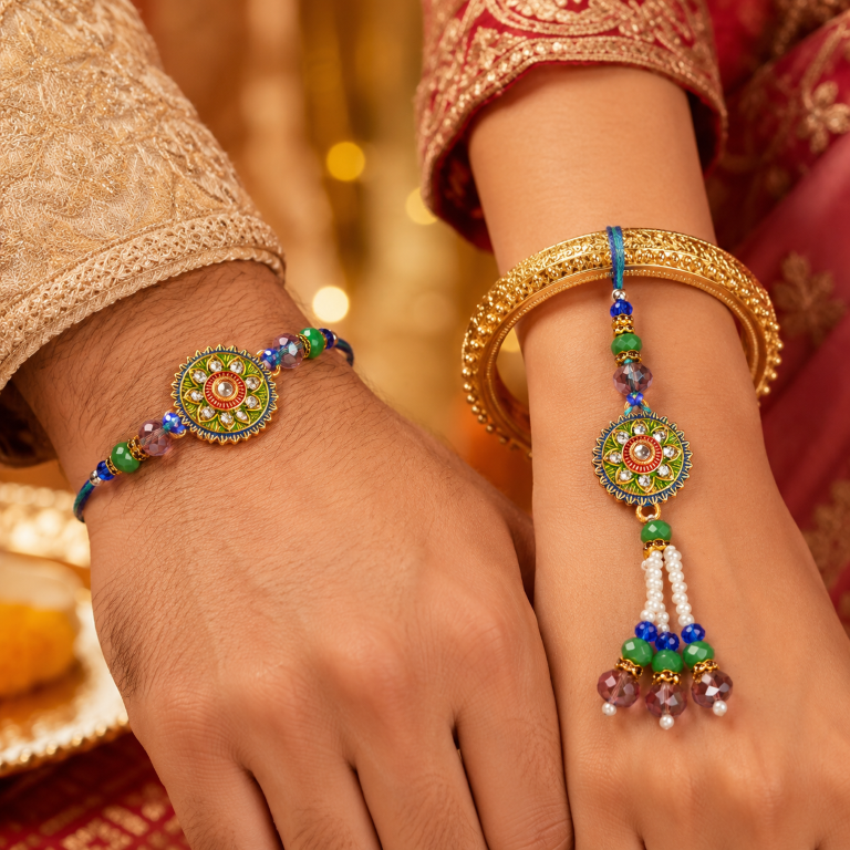 Designer Rakhi Set of 2 | Floral Stone Rakhi for Brother