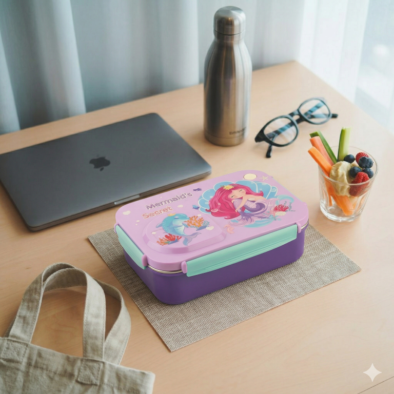 Steel Lunch Lunch Box, 750 ml with 150ml Bowl, BPA Free and Leak Proof, 3 Compartment airtight, with a Spoon & Chopsticks,Mermaid Cartoon Design, Pink, Premium Lunch Box