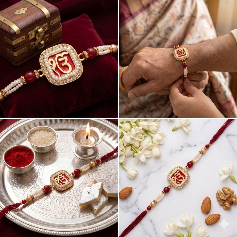 Rakhi Gift Set Brother with Ik Onkar Designer Rakhi, Roli Chawa, Sipra, Key Chain and chocolate box